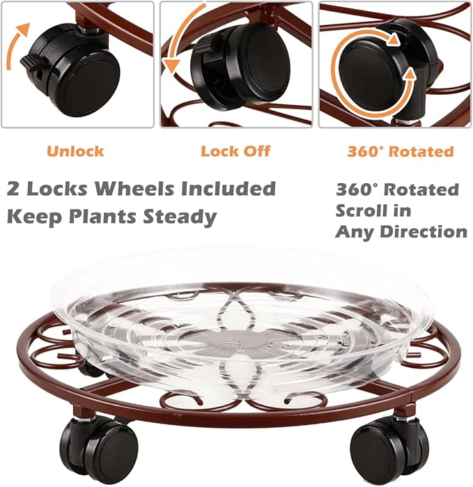 5 Pack Plant Caddy with Wheels Heavy Duty 12 Inches Metal Plant Stand with Wheels Plant dolly Rolling Plant Stand Plant Roller with Casters for Indoor and Outdoor with Plant Saucers, Bronze