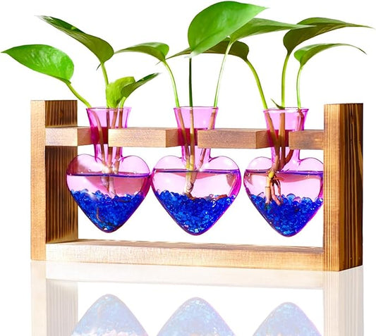 Nacome Plant Terrarium Propagation Stations: Christmas Gifts for Plant Lovers Women Mom Wife - Wooden Stand Tabletop Planter 3 Bulb Glass Vase Heart Shaped for Hydroponics Indoor Home Decor(Purple)
