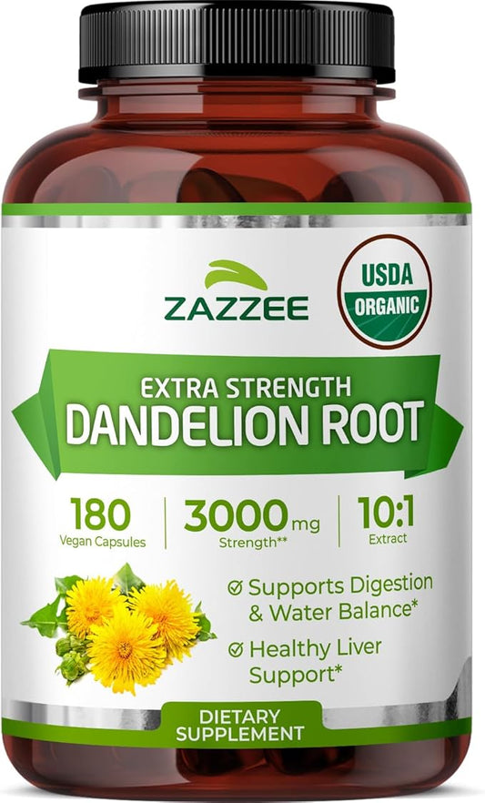 Zazzee USDA Organic Dandelion Root 10:1 Extract, 3000 mg Strength, 180 Capsules, 6 Month Supply, Standardized and Concentrated 10X Extract, 100% Vegetarian, All-Natural and Non-GMO