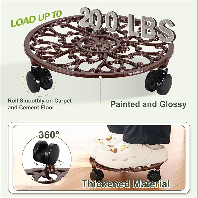 2 Packs 11 Inch Rolling Plant Stand with Wheels Wrought Iron Rolling Plant Stand with Casters Heavy Duty for Indoor Plants Rollers with Wheels, Metal Round Plant Dolly