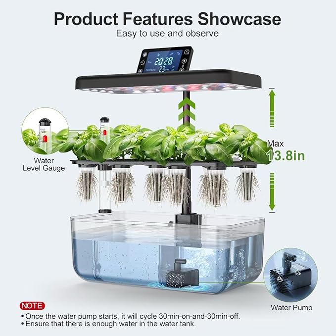 Hydroponic Growing System Kit With Operation Screen + 3 Free Seeds (Lettuce, Salad Mixed, Basil), 12 Pods Indoor Smart Gardening Herb Planter, 24W Full Spectrum LED Grow Light Growing System (Black)