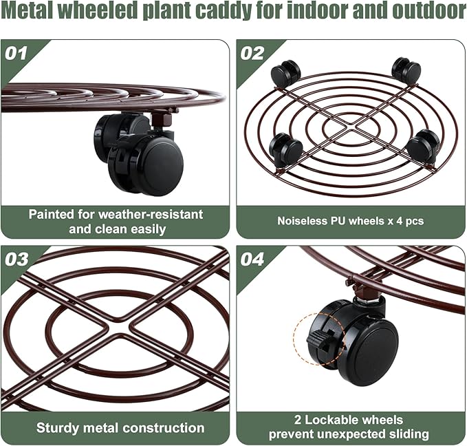 6 Packs Large Metal Plant Caddy with Wheels 14" Rolling Plant Stands Heavy-duty Wrought Iron Plant Roller Base Pot Movers Plant Saucer on Wheels Bronze