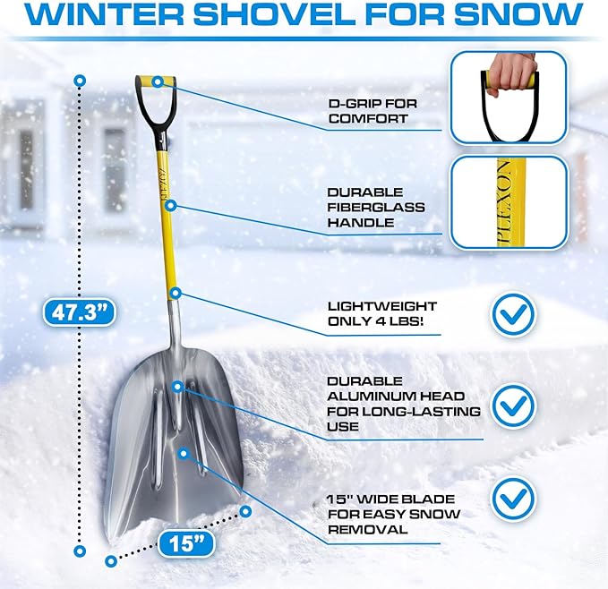 Plexon Aluminium Steel Snow Shovel for Driveway 12" Blade - Heavy Duty Snow Shovel for Car - Metal Scoop Shovel - Fiberglass Handle & Plastic D-Grip - Outdoor Garden Yard, 48" Length