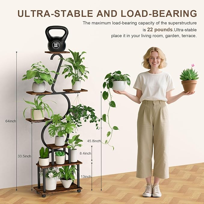 Plant Stand with Grow Lights, 8 Tiered 64" Corner Plant Stand, Metal Plant Shelf Indoor with Wheel, Large Plant Stands, Flower Rack Display for Living Room, Garden, Patio-Thick 1.2MM Steel Frame