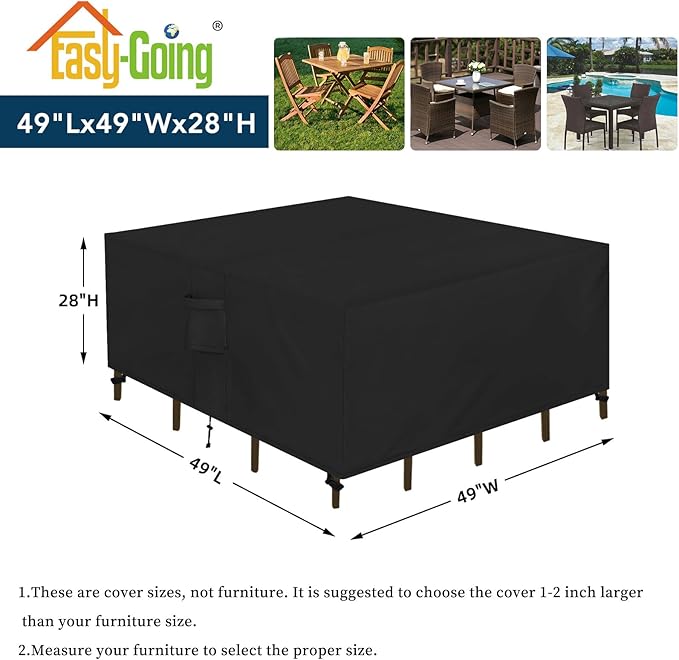 Easy-Going Patio Furniture Set Cover Waterproof Outdoor Square Table Cover with Seal Tape at Seams (49"L x 49"W x 28"H, Black)