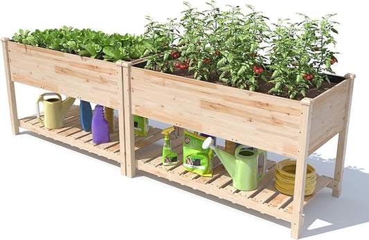 Gotland 2pcs Raised Garden Bed with Legs, Raised Beds for Gardening with Storage Shelf Bed Liner Drainage Holes, Wooden Planter Raised Beds, Raised Planter Box Backyard, Patio, Balcony, Natural