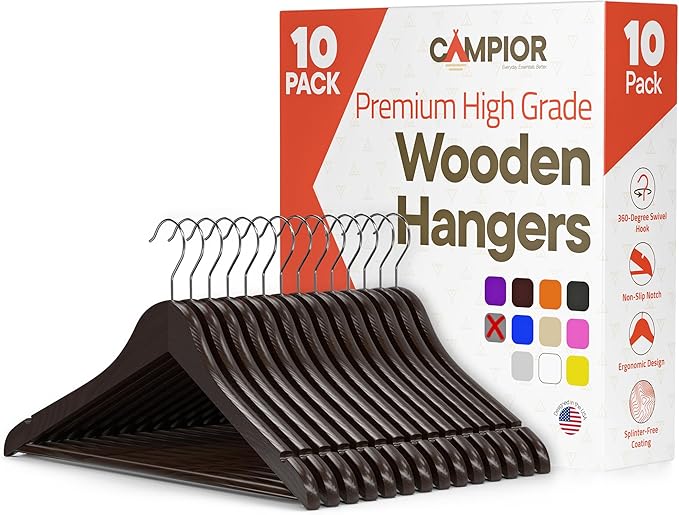 Brown Wooden Hangers 10 Pack – Heavy-Duty with 360° Swivel Hook, Non-Slip, Pants Bar & Shoulder Grooves - Wooden Hangers for Suits, Jackets, Dresses & Camisoles, Space-Saving and Smooth Finish