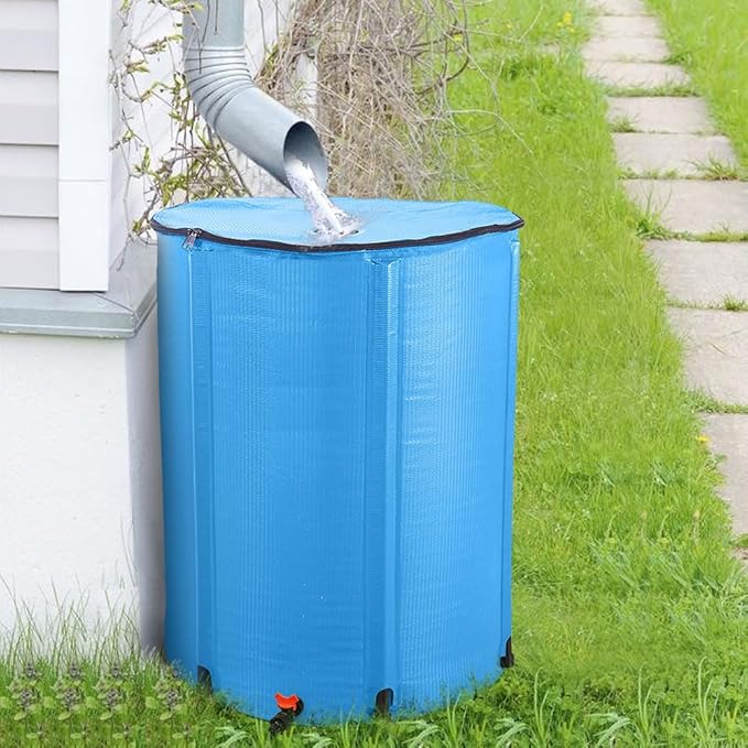 Collapsible Rain Barrel, 100 Gallon Portable Rainwater Collection System, Water Storage Tank, Rain Catcher Barrel with Spigots and Overflow Kit, Rain Water Barrel Collector for Garden, Blue