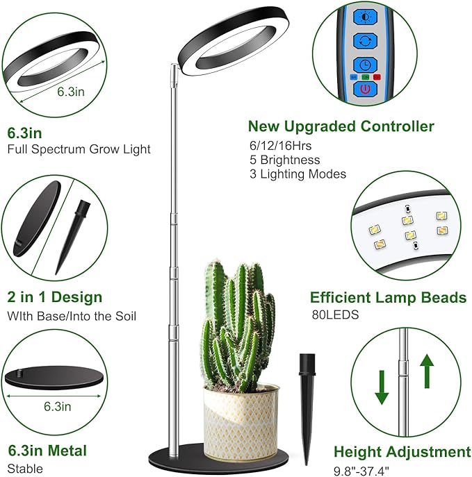 Grow Lights, Full Spectrum Plant Light for Indoor Plants, 2 in 1 Design 6.3in Desktop Growing Lamp with Auto Timer for 6/12/16Hrs,3 Optional Spectrums,5 Brightness,Height Adjustable 9.8"-37.4"