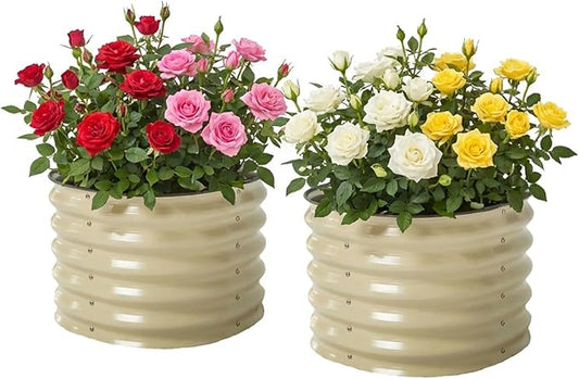 17" Tall Herb Raised Garden Bed for Basil Lavender Sages, 24" Wide Round Fruit Tomato Planter Box for Gardening Blueberries Figs, Flower Metal Pot Container for Rose, Twin Pack, Pearl White
