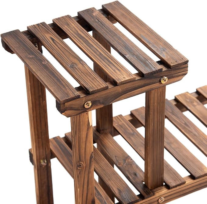 Giantex Flower Rack Wood Plant Stand 7 Wood Shelves 13 Pots Bonsai Display Shelf Indoor Outdoor Yard Garden Patio Balcony Living Room Multifunctional Storage Rack Bookshelf W/Hollow-Out Rack