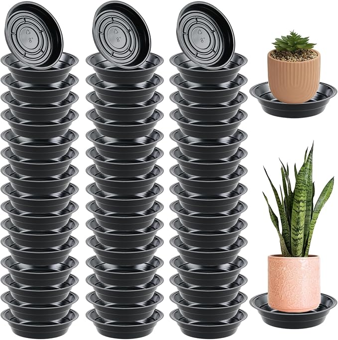 50 Packs 8 Inches Plant Saucers for Indoor Outdoor Use Heavy Duty Plastic Plant Plate Dish for Planter Bulk Round Flower Pot Drip Trays to Catch Water 4 to 20 Inch, Black
