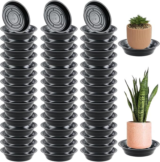 50 Packs 8 Inches Plant Saucers for Indoor Outdoor Use Heavy Duty Plastic Plant Plate Dish for Planter Bulk Round Flower Pot Drip Trays to Catch Water 4 to 20 Inch, Black