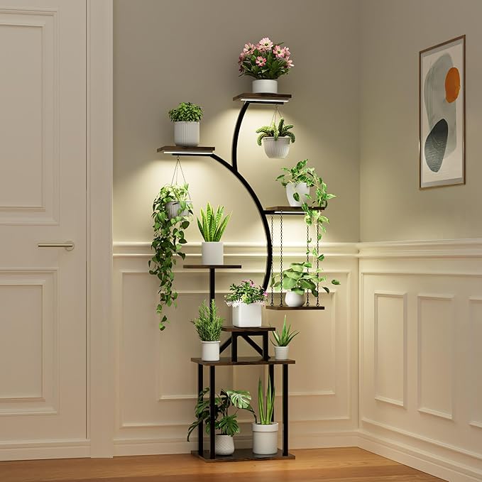 Plant Stand Indoor with Grow Lights, 8 Tiered Corner Plant Shelf, 63" Tall Plant Hanger Indoor for Multiple Plants, Metal Plant Flower Holder, Plant Rack for Display, Patio, Home Decor