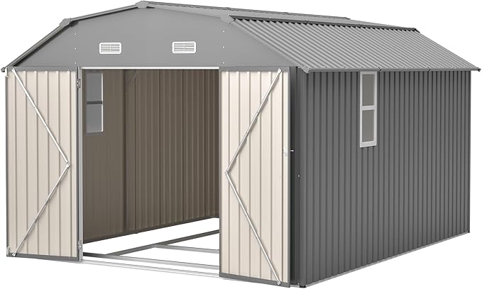 10×12 FT Outdoor Storage Shed,Heavy-Duty Metal Shed with Floor Base,All Weather Waterproof Tool Shed W/Diamond Roof & Windows,Lockable Double Door & 4 Air Vents,for Backyard,Patio,Lawn,Gray