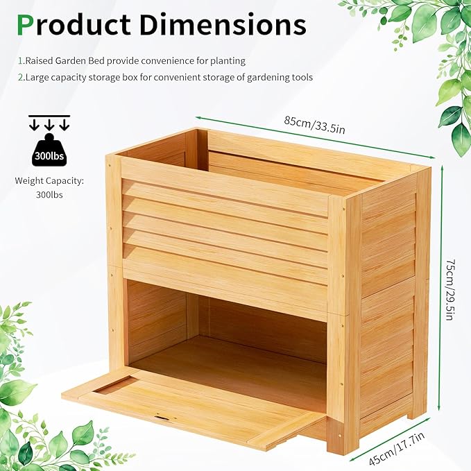 SUNYRISY 2Pack Wooden Raised Garden Bed with Storage Box, 34" L x 18" W x 30" H Elevated Large Garden Planter Box for Planting Herb Vegetable Flower Outdoor Indoor, Wood