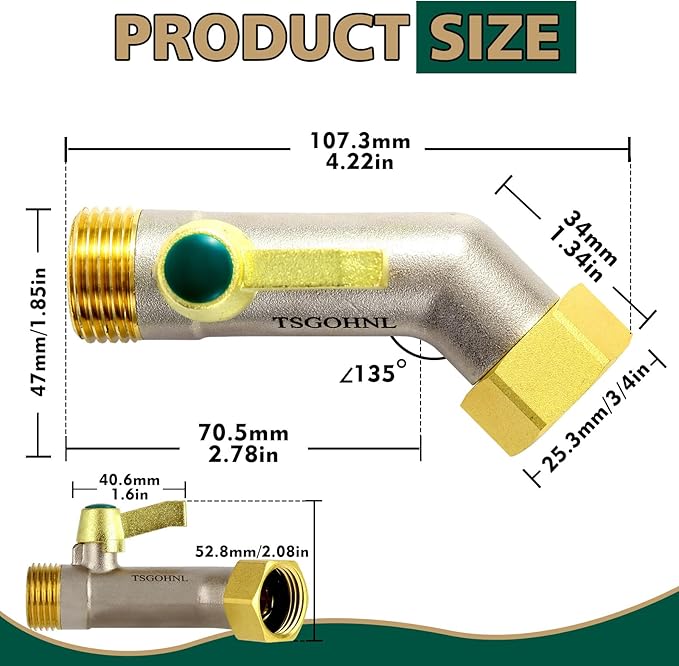 135 Degree Full Flow Garden Hose Shutoff Valve, 3/4-Inch Heavy Duty Brass Garden Hose Elbow Connector, Leak-Free Hose Adapter for Outdoor Faucets and RV Spigot Extenders