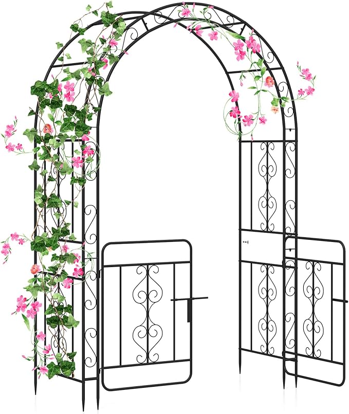 Moccha Garden Arch, 84" Arbor Trellis with Lockable Gate for Climbing Plants, Roses, Vines, Outdoor Pergola Archway, Heavy-Duty Garden Arbor for Lawn Patio Bridal Party Decoration Pathway Ceremony