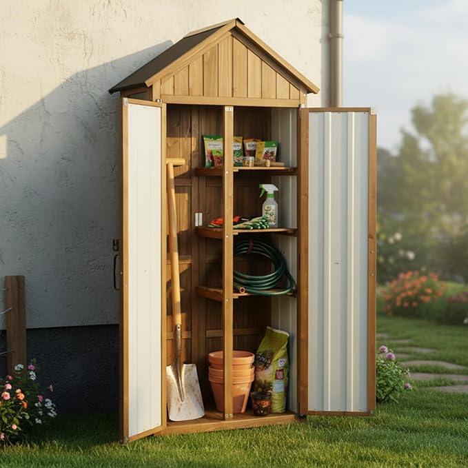Outdoor Storage Cabinet with Shelf, Wood & Metal Storage Shed with Lockable Doors & Sloping Roof, Outdoor Cabinets for Patio Backyard, Garden Shed Tool Shed and Accessories, Brown