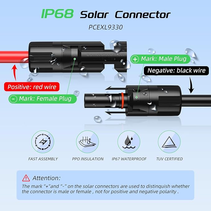 Bateria Power 20FT 10AWG Solar Panel Extension Cable, 6mm² Solar Extension Cable Wire with Female & Male Waterproof Connectors for RV, Photovoltaic Systems, Set of 2
