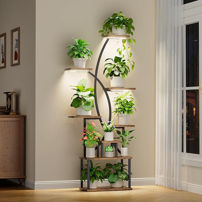 JUSTOGO Plant Stand Indoor with Grow Light, 8 Tiered Tall Plant Shelf for Indoor Plants Multiple, 65" Large Corner Plant Stands, Metal Curved Flower Holder Display Rack for Living Room, Patio, Balcony