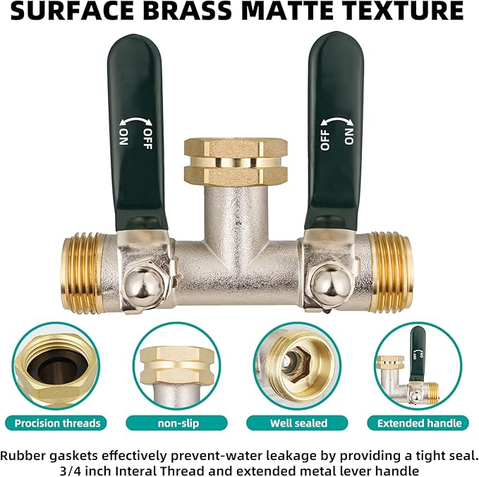 Hose Splitter 2 Way, Brass High Flow Garden Hose Splitter Heavy Duty, Hose Connector, Water Spigot Splitter, Full Flow Faucet Splitters with shutoff, 3/4” GHT Inlet