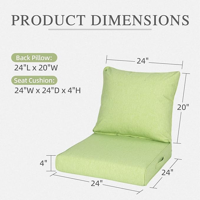 Aoodor 24" x 24" Patio Deep Seat Cushion Set, Water Resistant & Fade Resistant Outdoor Furniture Cushions with Adjustable Straps for Patio, Deck, Garden, Green