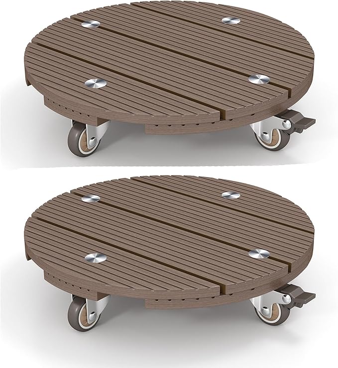 mondaria 2 Pack Plant Caddy with Wheels, 13.8" Wood Plastic Composite Plant Stand, Heavy Duty Round Plant Dolly with Metal 360° Lockable Caster Wheels for Large Plant Pots, Flower Pot ,Dark Brown