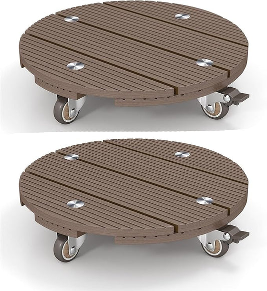 mondaria 2 Pack Plant Caddy with Wheels, 13.8" Wood Plastic Composite Plant Stand, Heavy Duty Round Plant Dolly with Metal 360° Lockable Caster Wheels for Large Plant Pots, Flower Pot ,Dark Brown