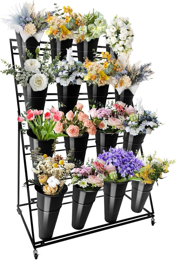 Flower Display Stand with Buckets, 4 Layers 16PCS Buckets Metal Flower Cart Display Stand with Wheels, for Patio Garden, Living Room (4 Layers Black Round Bucket)