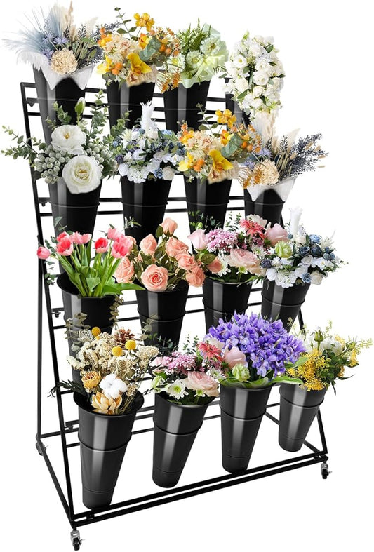 Flower Display Stand with Buckets, 4 Layers 16PCS Buckets Metal Flower Cart Display Stand with Wheels, for Patio Garden, Living Room (4 Layers Black Round Bucket)