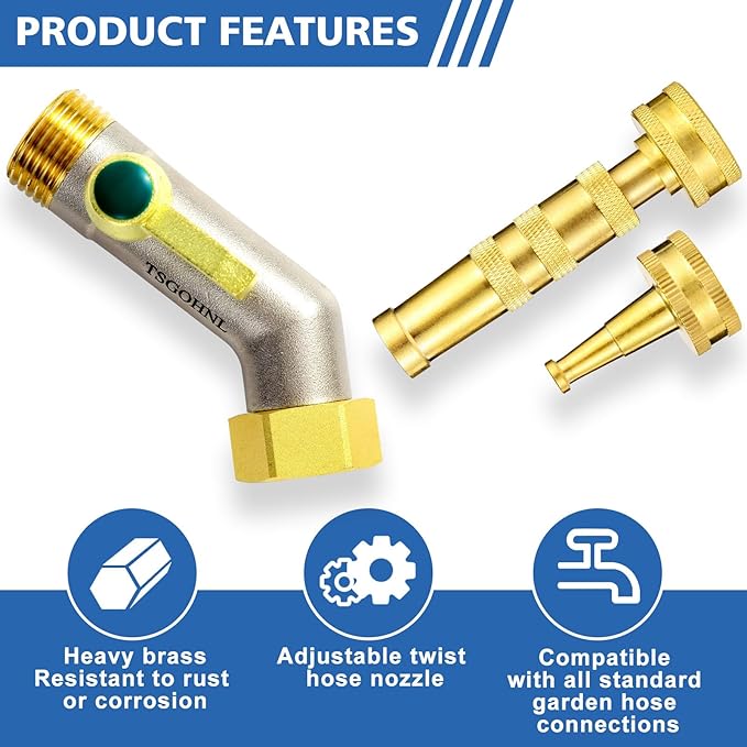 Heavy Duty Brass Garden Hose Shutoff Valve, 1 adjustable hose nozzle, 1 hose direct spray nozzle, 135-Degree Faucet Extender Adapter