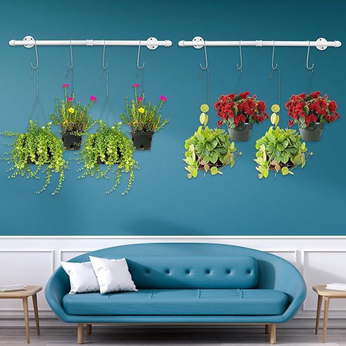 Yoiemivy Hanging Planter Bar with 4 Pcs Hooks White Wall Mount Planter Hanger Rod Minimalist Flowerpot Hanger Metal Plant Hanger for Window Wall Ceiling Herb Garden (White)