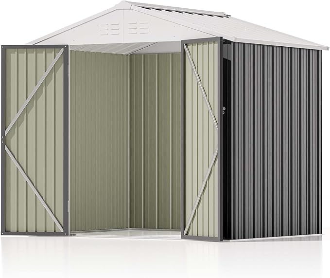 Patiolife Outdoor Storage Shed 8x6 FT, Lockable Metal Shed for Bike and Tools,Large Storage House for Garden and Backyard, Gray