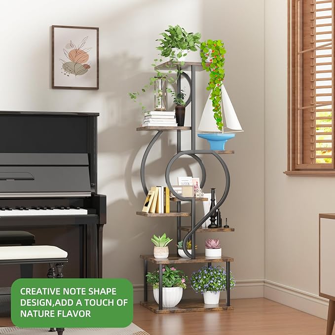 Plant Stand Indoor with Grow Light,8 Tiered Indoor Plant Stand,58" Tall Plant Flower Shelf,Creative Note Shaped Plant Holder for Home,Patio,Brown