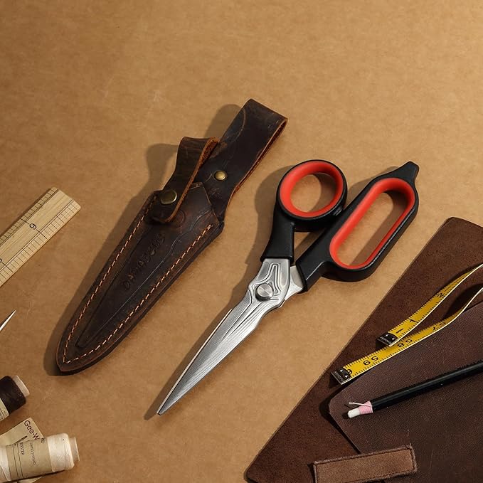LIVINGO Damascus Steel Scissors Heavy Duty - 10 Inch Forged Steel Sharp Shears All Purpose with Holster for Sewing, Crafting Cutting Leather, Fabric, Cardboard, Rope, Industrial, Home Office
