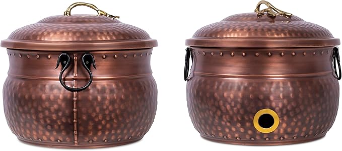 BIRDROCK HOME Water Hose Holder with Lid | Ground Garden Hose Pot | Decorative | Handle | Embossed | Steel Metal with Copper Accents | Outdoor or Indoor Use