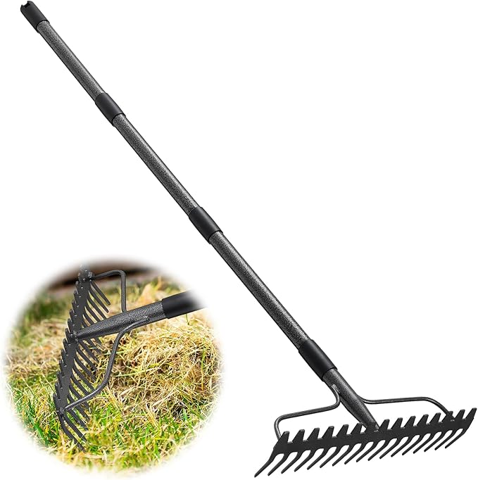 Rake, 17 Tines with 49 Inch Handle, 17 Inch Wide Heavy Duty Garden Thatch Leaf Rake for Raking Leaf Loosening Soil Gathering Mulch Leveling Rocks, Rustproof Metal Bow Rakes for Leaves Grass