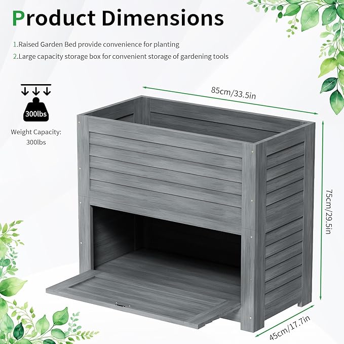 SUNYRISY 2Pack Wooden Raised Garden Bed with Storage Box, 34" L x 18" W x 30" H Elevated Large Garden Planter Box for Planting Herb Vegetable Flower Outdoor Indoor, Grey