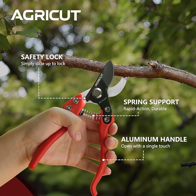 AGRICUT Pruning Shears Bypass Pruners - 4/5 Inch Cut Capacity Hand Clippers Gardening Scissors with High Carbon Steel Blade Teflon Coated Nylon Handle Red