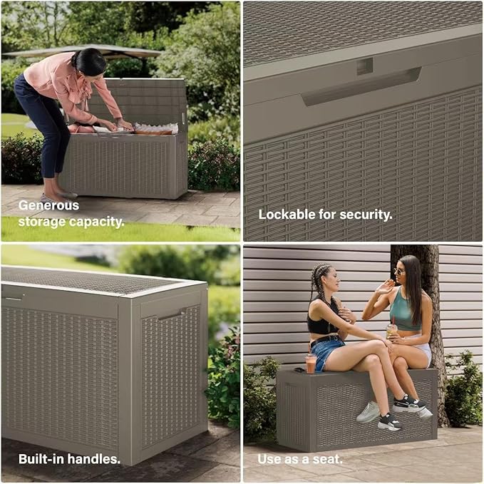 200 Gallon Resin Deck Box, Waterproof Outdoor Storage Bin for Patio Furniture, Pool Accessories, and Garden Tools, Lockable & UV-Resistant, Grey