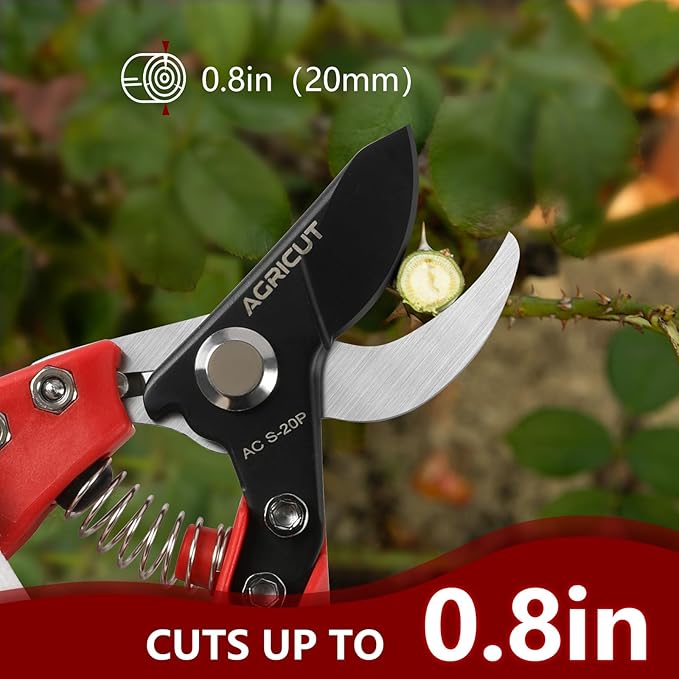 AGRICUT Pruning Shears Bypass Pruners - 4/5 Inch Cut Capacity Hand Clippers Gardening Scissors with High Carbon Steel Blade Teflon Coated Nylon Handle Red