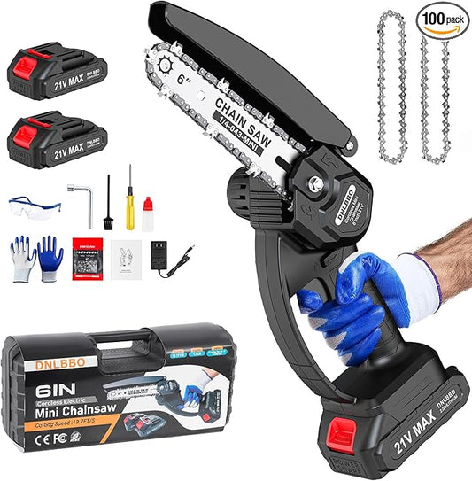 Mini Chainsaw Cordless, 6 inch Electric Chain Saw, Gardening Tool Saw for Wood/Tree Cutting, Garden & Household Use Stocking Stuffers Gift for Men Dad Husband(2 Batteries)