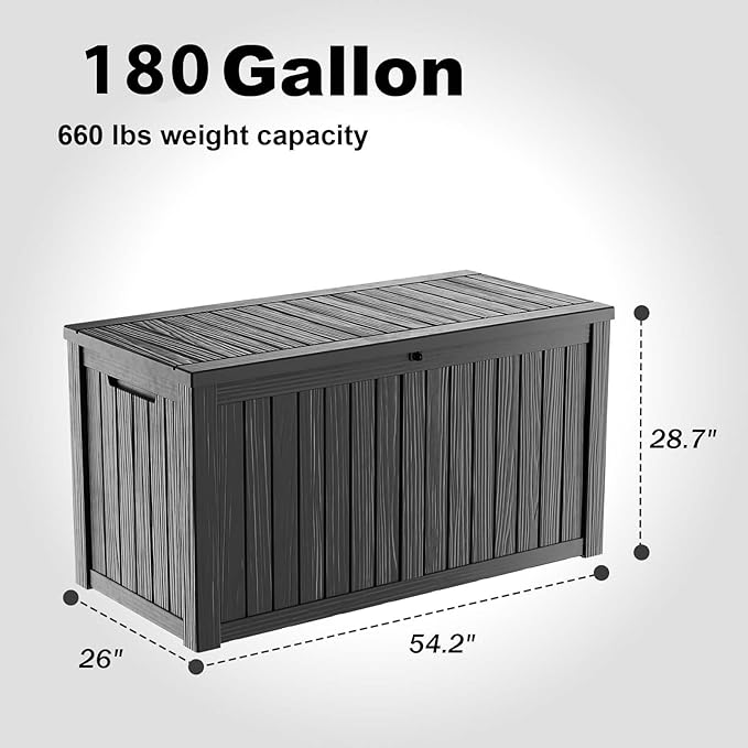 180 Gallon Resin Deck Box, Lockable Patio Outdoor Storage Box for Furniture, Garden Tools and Tools Storage, Waterproof Outside Storage Boxes - Black