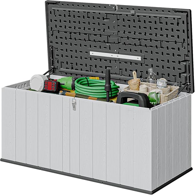 AOXUN Horizontal Storage Sheds 21 Cu.ft, HDPE Outdoor Storage Box 160 Gallon, Waterproof Lockable Resin Deck Box with Spring-Assisted Lid, Patio Storage for Garden, Pool, Cushions, Tools, White