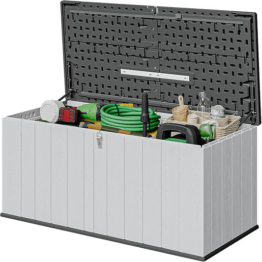 AOXUN Horizontal Storage Sheds 21 Cu.ft, HDPE Outdoor Storage Box 160 Gallon, Waterproof Lockable Resin Deck Box with Spring-Assisted Lid, Patio Storage for Garden, Pool, Cushions, Tools, White