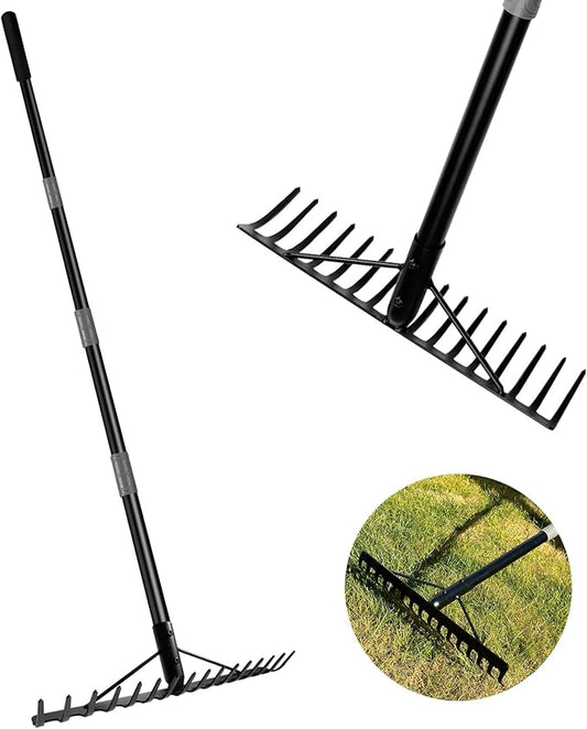 Heavy Duty Bow Rake Garden Rake with Stainless Steel Handle with 16 Steel Tines Garden Tool for Loosening Soil Gathering Leaf Leveling Lawn Farming Land Management Yarn Thatch Rakes