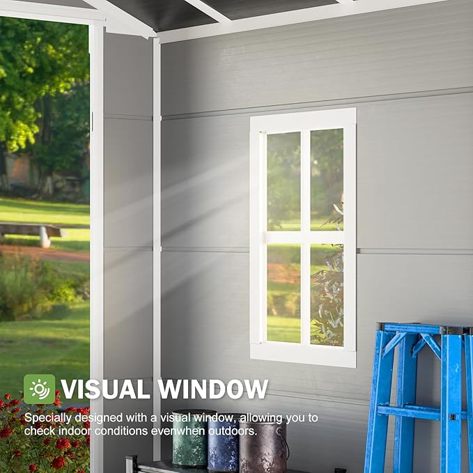 HUSFU Outdoor Resin Storage Shed 8x6 FT, Plastic Tool Shed for Bike, Garbage Can, Chicken Coop, Outside Sheds with Lockable Door for Backyard, Patio, Lawn, Light Grey
