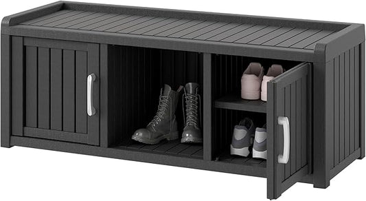 KAMABOKO Shoe Storage Cabinet Waterproof UV-Resistant, Entryway Storage Bench Indoor Outdoor with 2 Doors, Adjustable Shelves for Entryway, Bedroom, Hallway,Living Room(Black)