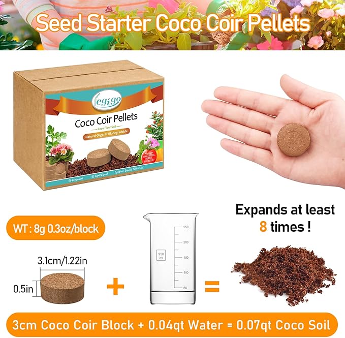 Legigo 50 Pcs 30mm Coco Coir Pellets Seed Starter Soil Mix- Organic Coconut Coir Potting Soil Pods for Seedling, Coco Peat Soil Discs for Indoor & Outdoor Plants Bonsai Herbs Vegetables and Flowers